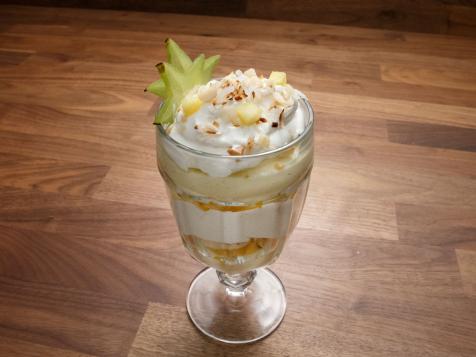 Coconut Custard Trifle with Vanilla Bean Whipped Cream and Tropical Fruit with Macadamia Nuts