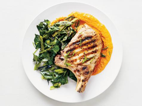Grilled Pork Chops and Greens with Red Pepper Sauce