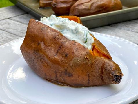 Baked Sweet Potatoes with Charred Onion Ranch Dip