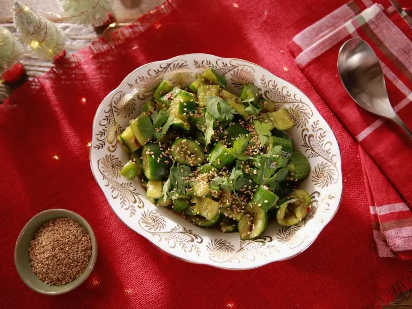 Beauty shot of Molly Yeh's Chinese Smashed Cucumber Salad, as seen on Girl Meets Farm, Season 6.