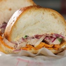 Chicharron Pork Belly Sandwich as Served at J28 Sandwich Bar in Hollywood, Florida as seen on Food Network's Diners, Drive-Ins and Dives episode DV3401H.