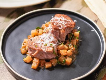 Geoffrey Zakarian makes Pan Seared Pork Tenderloin with Braised Turnips and Parmesan, as seen on The Kitchen, season 27.