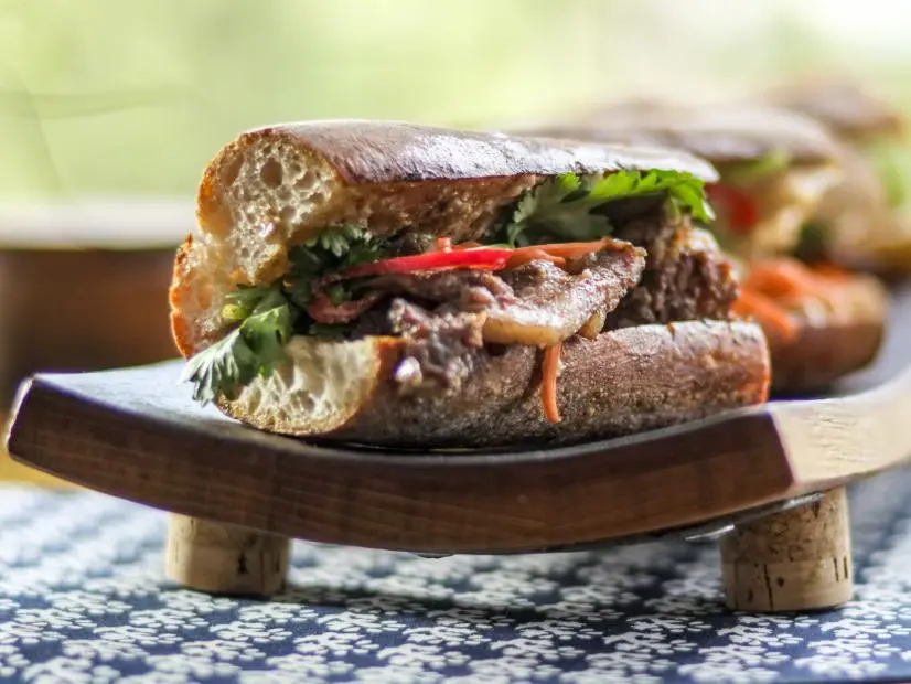 Jet Tila's Pork and Pate? Banh Mi, Smoky Eggplant, as seen on Guy's Ranch Kitchen Season 4.