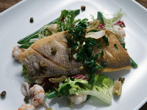 Branzino with Rock Shrimp, Calamari, Wilted Frisee and Gem Lettuce and Haricots Verts