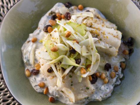 Olive Oil Poached Cod with Charred Onion Yogurt and Fennel Salad