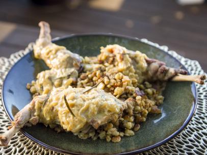 Eric Greenspan's Rabbit with Rosemary Spaetzle, Onion Soubise and Mustard Vermouth Sauce, as seen on Guy's Ranch Kitchen Season 4.