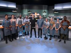 Michael Voltaggio and Bryan Voltaggio pose with Gabriel Concordia, Cloyce Martin, Anthony Thomas, Larry Abrams, Aisah Siraj, Mariel Inglima, Shelby McCrone and Khyania Bryan, as seen on Battle of the Brothers: Michael vs. Bryan, Season 1.