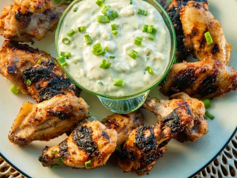 Grilled Wings with Honey Bourbon Glaze and Roquefort Dip
