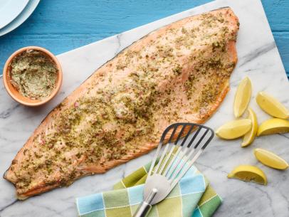 Food Network Kitchen’s Whole Grilled Side of Salmon with Herb Butter, as seen on Food Network.