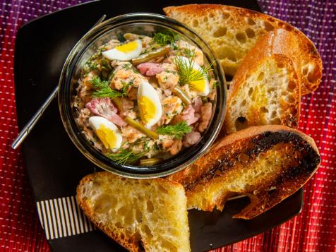 Smoked Trout Dip with Pickled Veggies and Quail Eggs