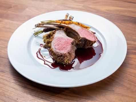 Pistachio Crusted Rack of Lamb with Date Couscous and Baharat Spiced Carrots