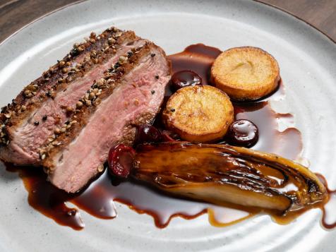 Duck Breast with Dukkah Crust, Endive, Potato and Sour Cherry Jus
