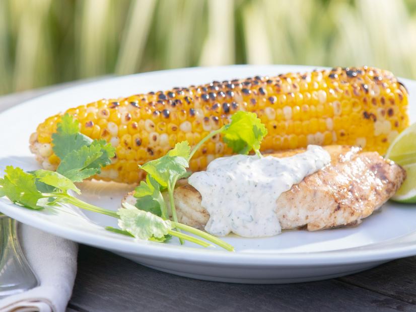 Brown Butter Striped Bass with Lime and Cilantro Aioli and Baltimore Style Grilled Corn, as seen on Food Network's Symon's Dinners Cooking Out, Season 3.
