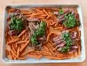 Close-up of Skirt Steak & Sweet Potato Fries, as seen on the Pioneer Woman, season 30.