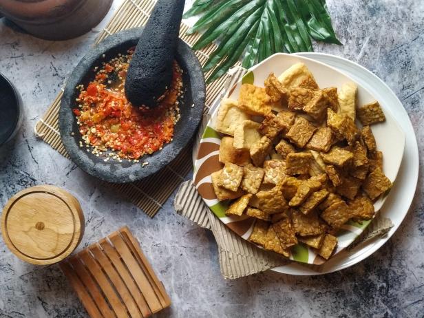 Traditional food indonesian Tempe and chili sauce from Indonesia