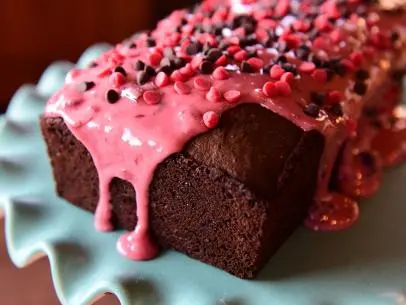 Close-up of Dark Chocolate Cherry Loaf Cake, as seen on The Pioneer Woman, season 30.