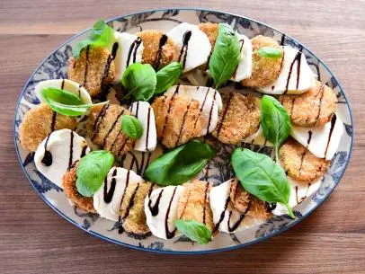 Close-up of Fried Green Tomato Caprese, as seen on The Pioneer Woman, season 30.