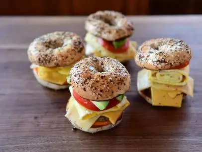 Close-up of Mini Breakfast Bagel Sandwiches, as seen on The Pioneer Woman, season 30.