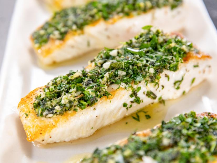 Close-up of Halibut with Herb Butter, as seen on Be My Guest, season 1.