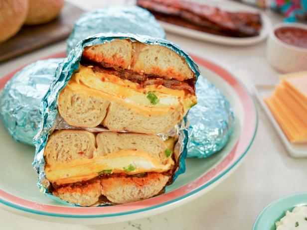 Beauty shot of Molly Yeh's Bacon Egg and Cheese Bagels, as seen on Girl Meets Farm, season 10.