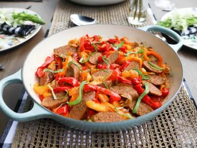 Sausages with Peppers and Onions as seen on Valerie's Home Cooking, Season 13.