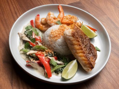 Thai Green Curry with Red Snapper, Jumbo Prawns and Coconut Rice