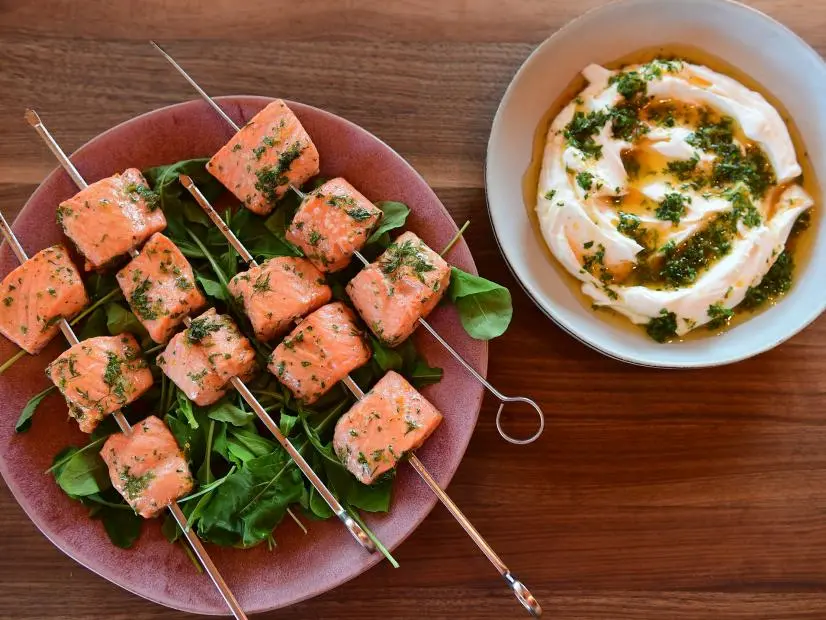 Close-up of Citrus Salmon Skewers, as seen on The Pioneer Woman, season 31.