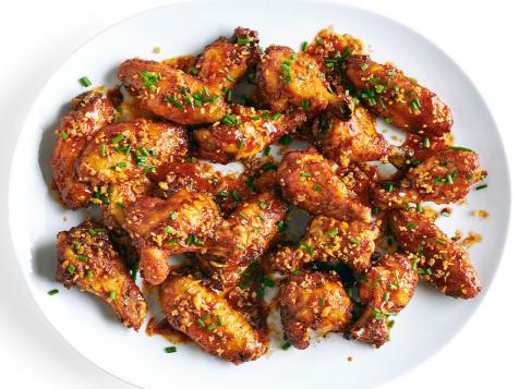 Crispy Baked Wings with Berbere Honey Glaze and Fried Garlic