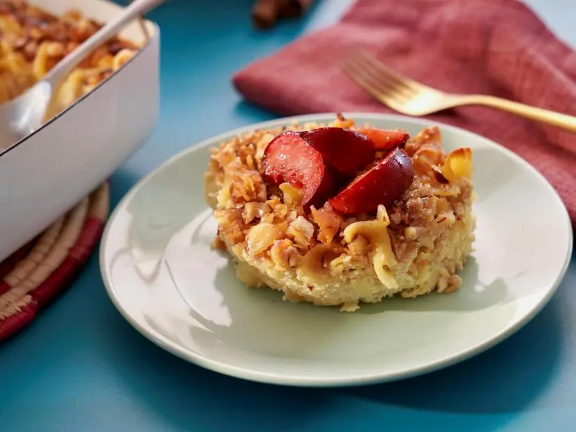 Beauty shot of Molly Yeh's Plum Hazelnut Kugel  as seen on Girl Meets Farm, Season 11.