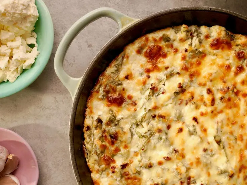 Beauty shot of Molly Yeh's Spinach and Feta Dip as seen on Girl Meets Farm, Season 11.