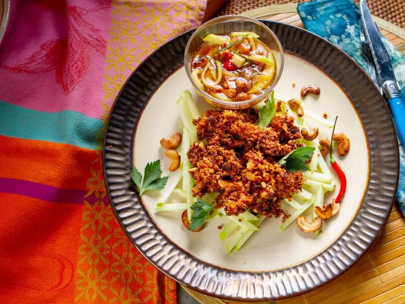 Jet Tila’s Crispy Catfish Raft with Green Mango Salad, as seen on Guy's Ranch Kitchen Season 6.