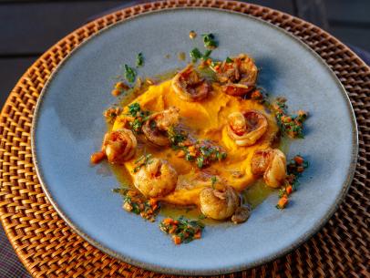 Antonia Lofaso’s Sautéed Shrimp with Carrot Butter and Carrot Top Chimichurri, as seen on Guy’s Ranch Kitchen Season 6.