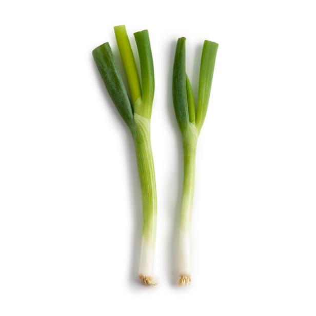 Spring onions against a white background.