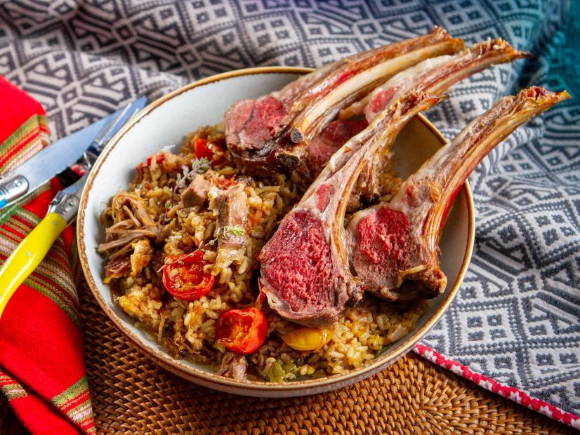 Jonathan Waxman’s Crown Rack of Lamb with Spiced Rice Pilaf, as seen on Guy's Ranch Kitchen Season 6.