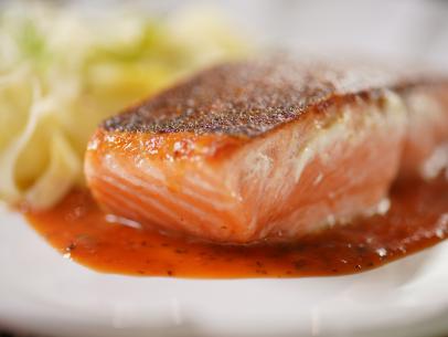 Geoffrey Zakarian's Pan Roasted Salmon with Blood Orange Sauce Beauty, as seen on The Kitchen, Season 33.