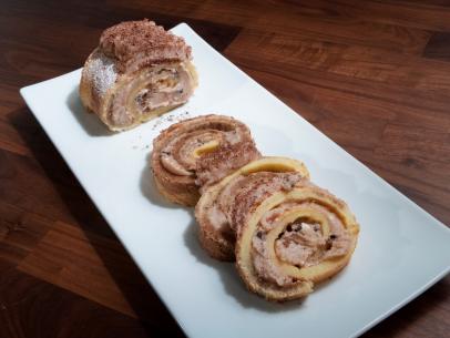 Anne Burrell’s Marbled Swiss Roll with Amarena Cherry and Chocolate Buttercream is displayed, as seen on Worst Cooks in America, Season 25.