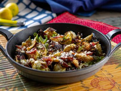 Hunter Fieri’s Balsamic Brussels Sprouts with Maple Bacon and Parmesan, as seen on Guy's Ranch Kitchen, season 6.