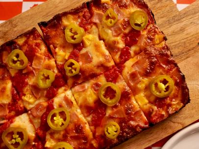 Beauty shot of Molly Yeh's Ham and Pineapple Pizza, as seen on Girl Meets Farm Season 12.