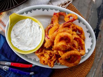 Eric Greenspan’s Pickled Onion Rings with Tarragon Ranch, as seen on Guy's Ranch Kitchen Season 6.