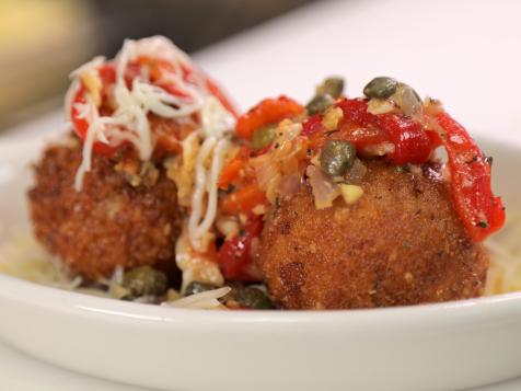 Parmesan Crusted Crab Cakes with Roasted Red Pepper Caper Butter Sauce
