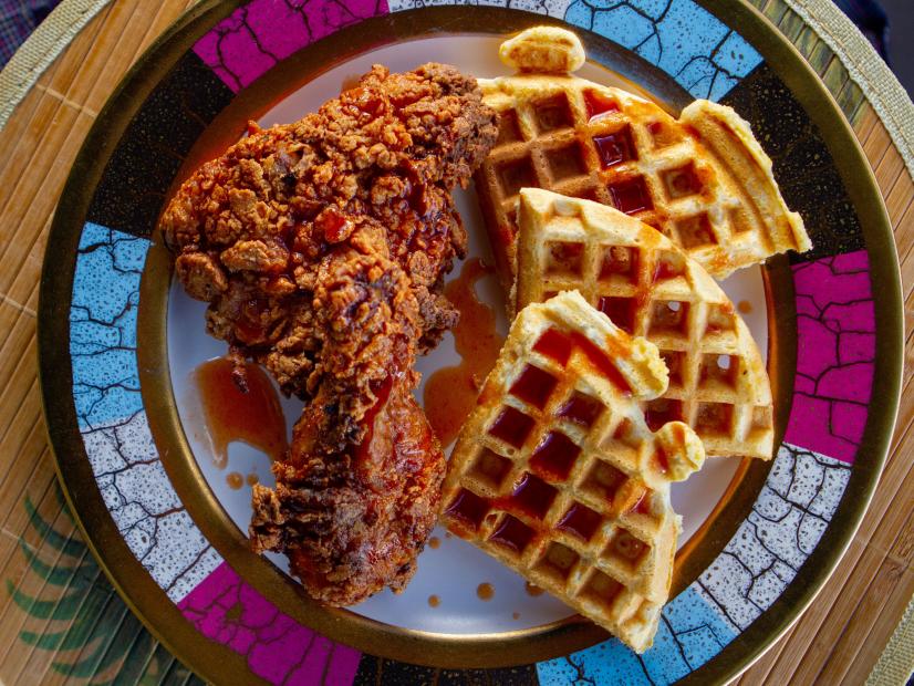 Aaron May’s Fried Chicken and Cornbread Waffles with Maple Hot Sauce, as seen on Guy’s Ranch Kitchen Season 6.