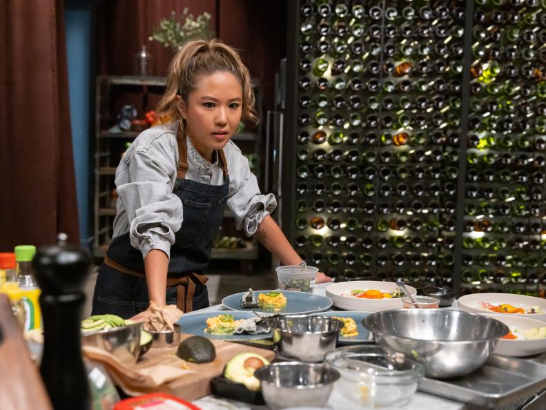 Chef Esther Choi prepares round 2 dish, as seen on Bobby's Triple Threat,  Season 2