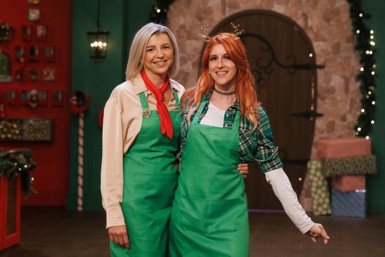 Sweet makers Marta Kantorowicz and Angela Sweetser pose together, as seen on The Elf on the Shelf: Sweet Showdown, Season 1.