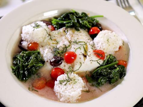 Braised Cod with Spinach, Tomato and Olives