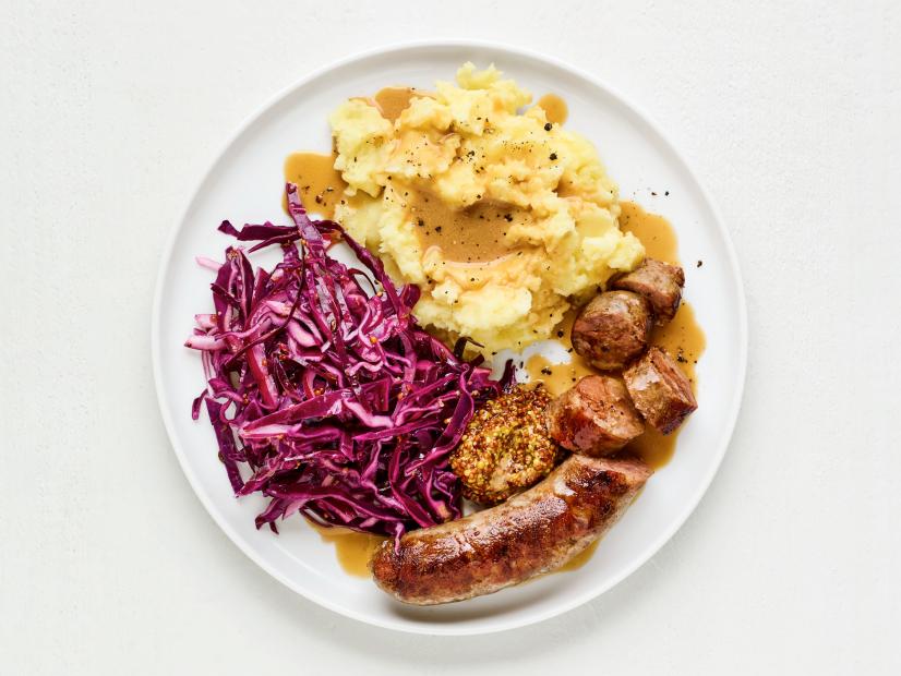 Bratwurst with Mashed Potatoes and Cabbage.