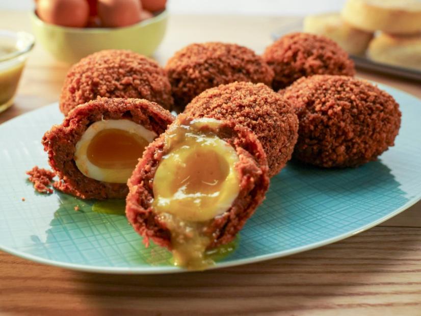 Beauty shot of Molly Yeh's Chorizo Scotch Eggs, as seen on Girl Meets Farm Season 14