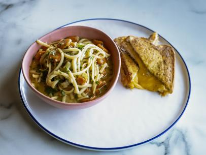 Close-up of Retro Noodle Soup & Air Fryer Grilled Cheese
