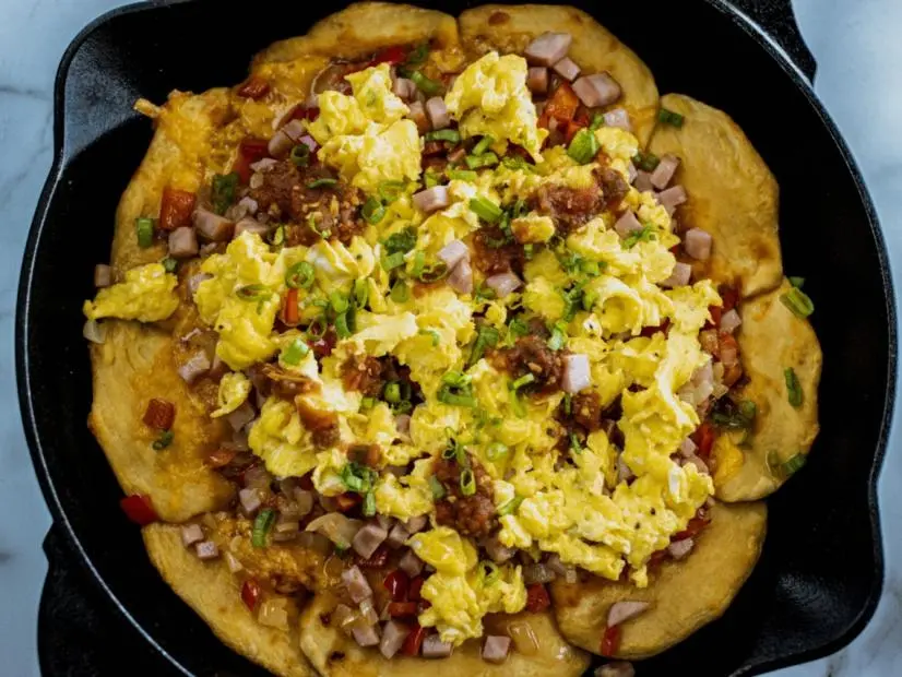 Close-up of Cast Iron Breakfast Pizza