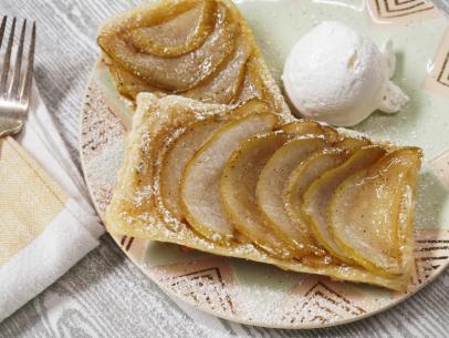 Geoffrey Zakarian's Pear and Maple Upside Down Puff Pastry Tart Beauty, as seen on The Kitchen, Season 35.