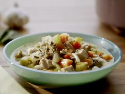 Beauty shot of Molly Yeh's Wild Rice Soup, as seen on Girl Meets Farm Season 14